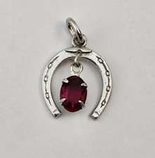 Vintage Wells Sterling Horseshoe Lucky Charm Red Glass Gem Charm Pendant - 1.1g