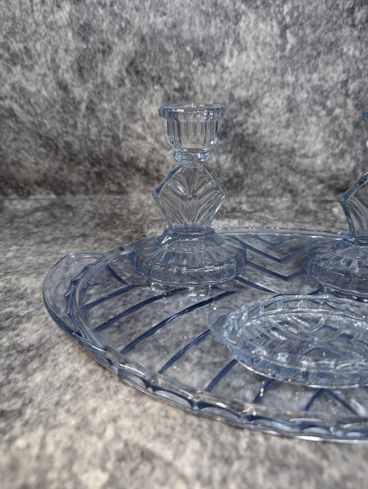 Vintage 1930s Ice Blue Glass Vanity Dressing Table Set Candle Holders