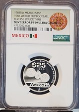 1985 MEXICO SILVER 25 PESOS 1986 WORLD CUP NGC PF 69 ULTRA CAMEO MINT ERROR