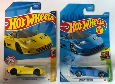 Hot Wheels 2022 And 2021-94 Bugatti EB110 SS Lot Of 2 One Yellow One Blue