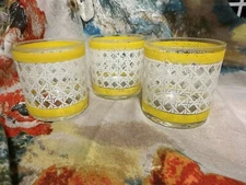 Vintage MCM  Lowball Rocks Glass Set Yellow White Hexagon Weave Set Of 3