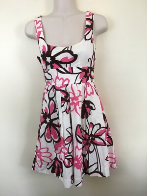 Java Women's Sleeveless White Pink Brown Floral Dress Empire Waist Size 7