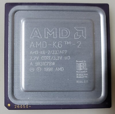 Vintage AMD K6 AMD-K6-2/333AFR 2.2V Core/3.3V Processor Collection/Gold