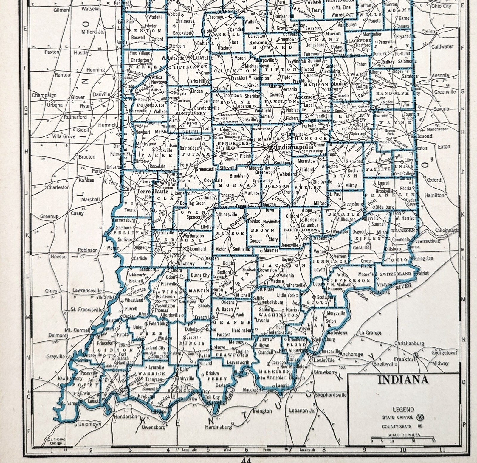 VINTAGE 1934 Map INDIANA County Township Railroads Indianapolis South