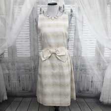 Tahari Size 8 Cream Gold Sleeveless Sheath Metallic Striped Bow Dress Pockets B3