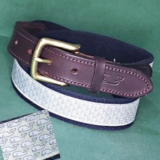 VINEYARD VINES BELT 32 WHALE BLUE CANVAS BROWN LEATHER BRASS BUCKLE