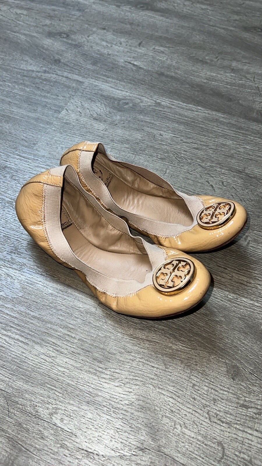TORY BURCH Caroline Ballet Flats Patent Leather Gloss Nude Cream Shoes
