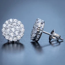 Mens Round Circle Shape Sterling Silver Hiphop CZ Cluster Screw Back Earrings