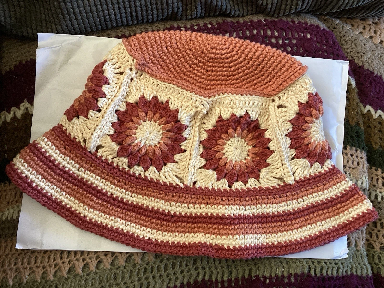 Handmade Crochet Cotton Sun/ Bucket/ Festival Hat Cream, Peach, Rose Coloured