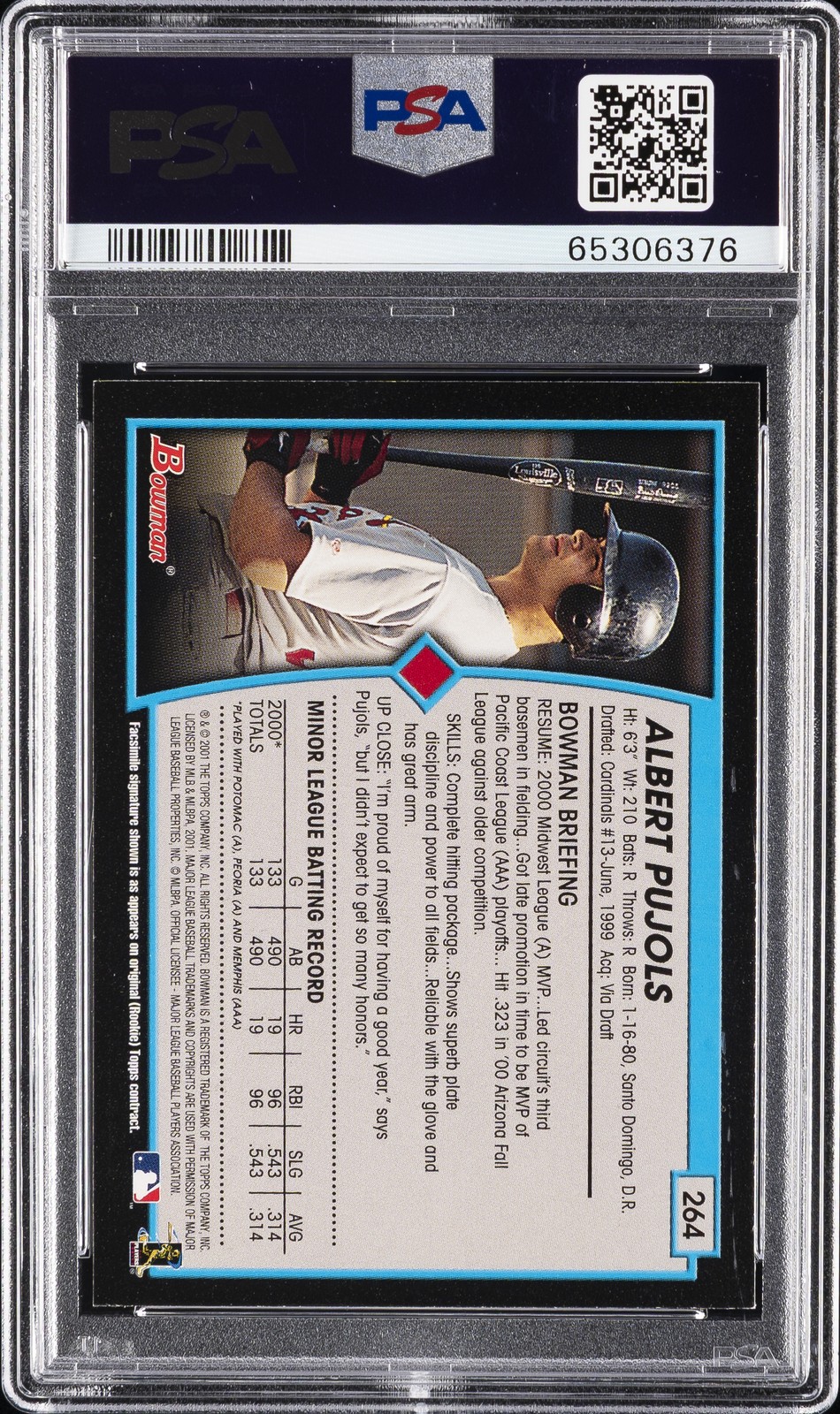 2001 BOWMAN #264 ALBERT PUJOLS ROOKIE RC PSA 8 view 2