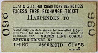 L.M. & S.R. Excess Fare Exchange Ticket. HARPENDEN. Green Line Coach.