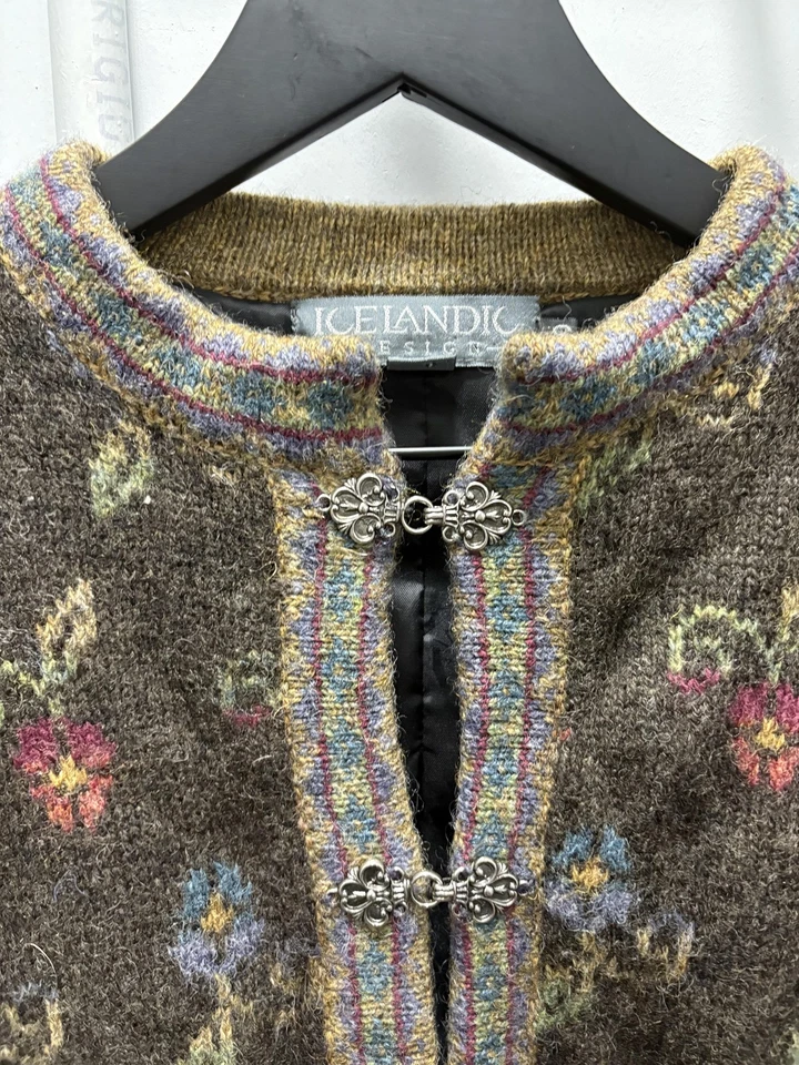 Vintage Icelandic Design Jacket Womens Small Brown Wool Lined Floral Clasps 90s - Image 2 of 4