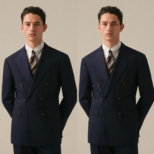 Navy Blue Men's Suits Double- Breasted Peak Lapel Formal Business Fit 2 Pieces