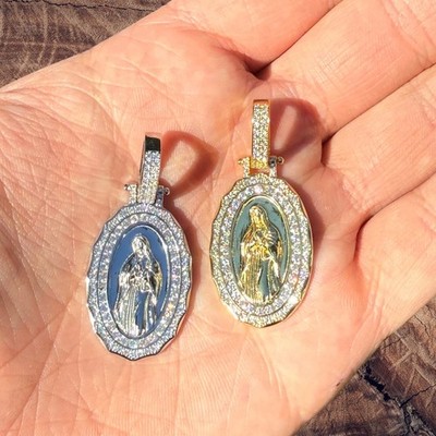 Moissanit Jungfrau Maria Medaillon Anhänger - massiv 925 Silber oder 14k Gold Vermeil