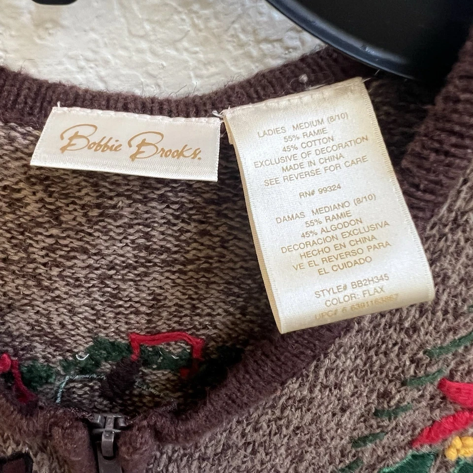 De Colección Bobbie Brooks Navidad Suéter Chaleco Cremallera Completa M (8-10) Marrón Bordado Foto 3 de 3
