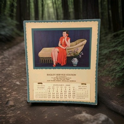 Vintage Gas Oil Girl 1946 Advertising Calendar Bagley Service Station Douglas Ga