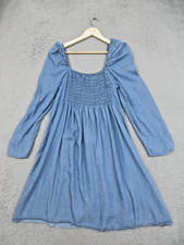 Boohoo Dress Womens 16 Blue Chambray Square Neck Smocked Boho Swing Knee Length