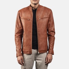Men  s Brown Leather Jacket Slim Fit Stand Collar Casual Biker Style