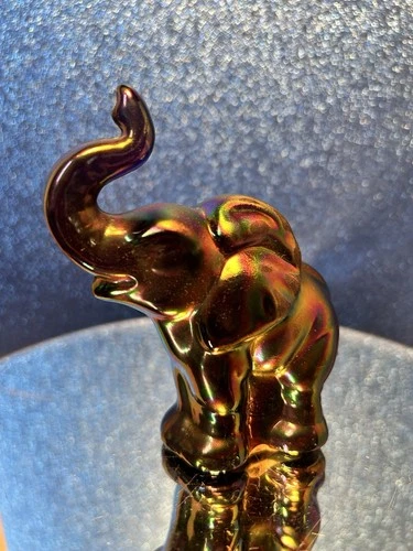Fenton Iridescent Cobalt Blue/Merigold Carnival Glass Elephant Figurine Trunk Up