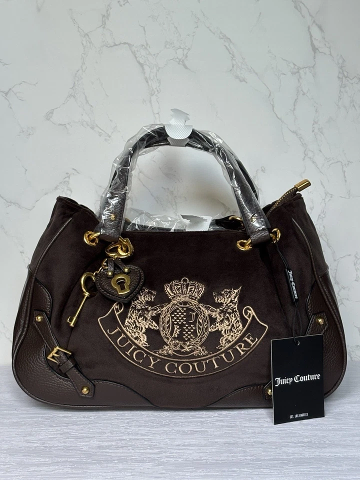 Juicy Couture Scottie Twig Hund Samt Schultertasche braun Nuova Y2K neu mit Etikett selten - Bild 4 von 4