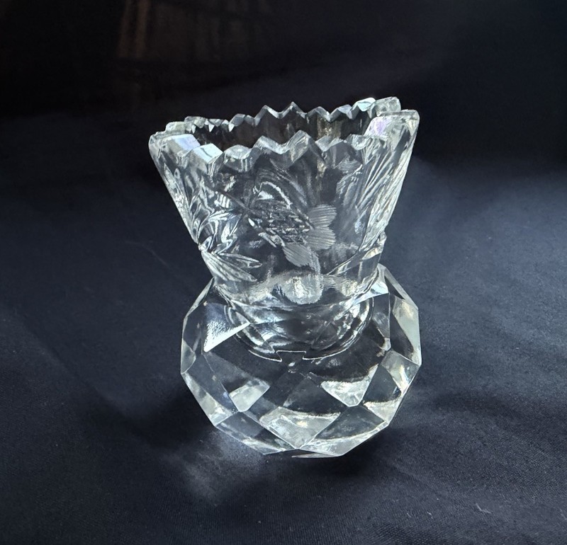Vintage Cut Crystal Toothpick Holder - Thistle Leaves With Faceted Base