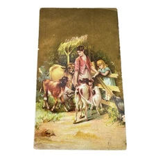 1880s SWIFT & CO ADV TRADE CARD, CHICAGO PACKING HOUSE, LADY & GIRL COWS CALVES