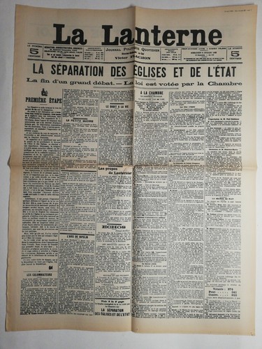 N213 La Une Du Journal La lanterne 5 juillet 1905 la séparation église et état - 第 1/2 張圖片