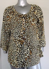 Woman Plus Rebecca Malone TOP BLOUSE Size 2X Animal Print Roll Tab Sleeve Button