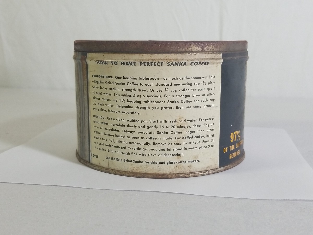 VINTAGE SANKA COFFEE TIN 1 POUND 3.5” 1950's DRINK IT AND SLEEP