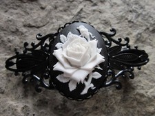 WHITE ROSE ON BLACK CAMEO BLACK FILIGREE BARRETTE - WEDDING - BRIDAL - FORMAL