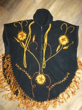 Vintage Mexican Black Gold Wool Poncho Cape Embroidered Fringe