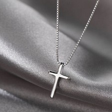 Small Plain Cross Pendant Necklace in SOLID 925 Sterling Silver 16-18 Inch Chain