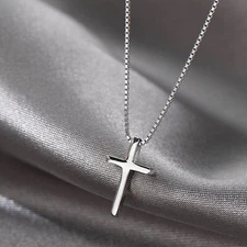 Small Plain Cross Pendant Necklace in SOLID 925 Sterling Silver 16-18 Inch Chain