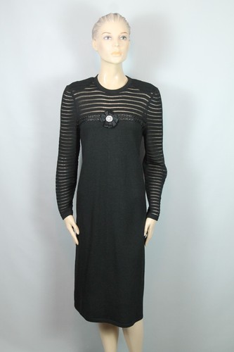 Vtg ADOLFO NY Black Santana Knit Sheer Stripe Dress w/ Jeweled Flower Pin M/L - Picture 7 of 15