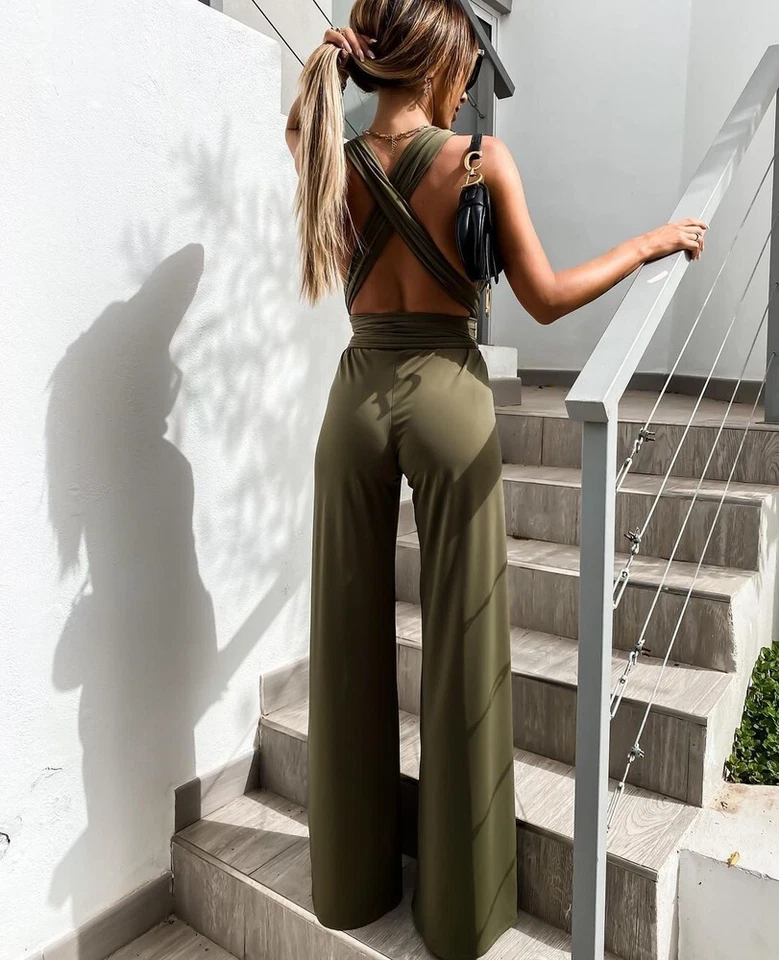 Damen Jumpsuit Elegant Lang Einteiler Sommer Hosenanzug Gürtel Clubwear Overall - Bild 4 von 4