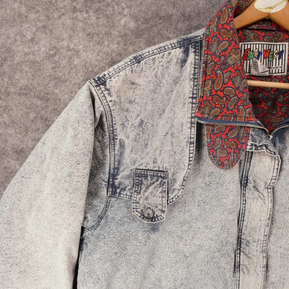 复古 East West Panda Group 夹克女式 22/24 有内衬牛仔酸洗 80 年代 — 第 3/4 张图片