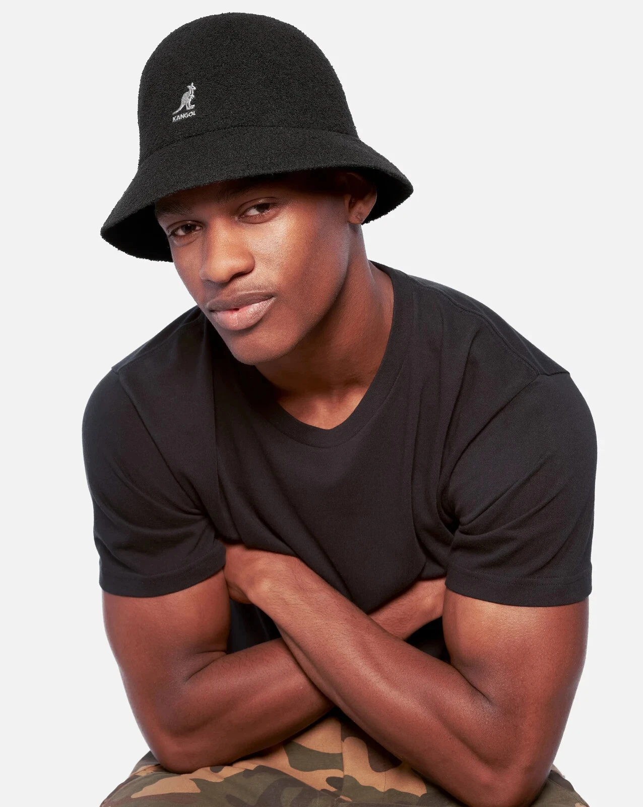 KANGOL Black White Embroidered Logo Kangaroo Casual Wool Felt Bucket Hat LARGE L
