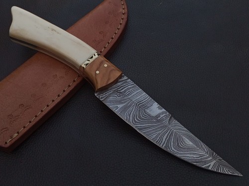 9.5" CUSTOM HAND MADE DAMASCUS STEEL SKINNER KNIFE BONE HANDLE W/SHEATH 4932 - Picture 6 of 8