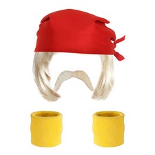 1980'S HOGAN WRESTLER COSTUME WIG, SWEATBANDS MOUSTACHE & BANDANA 80'S WRESTLING