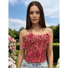 Pink Strapless Floral Applique Corset Camisole