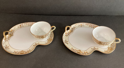 Noritake 175 China Christmas Ball Two Snack Plate and Cup Sets Green Backstamp 