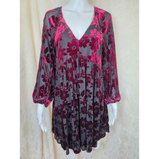 Taylor Burnout Velvet Floral Mini Dress Burgundy Grey V-Neck Tiered Babydoll 10