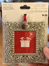 Studio Decor Christmas Ornament 3.5x3.5" Holds 2x2" Photo Silver Red Ribbon NEW