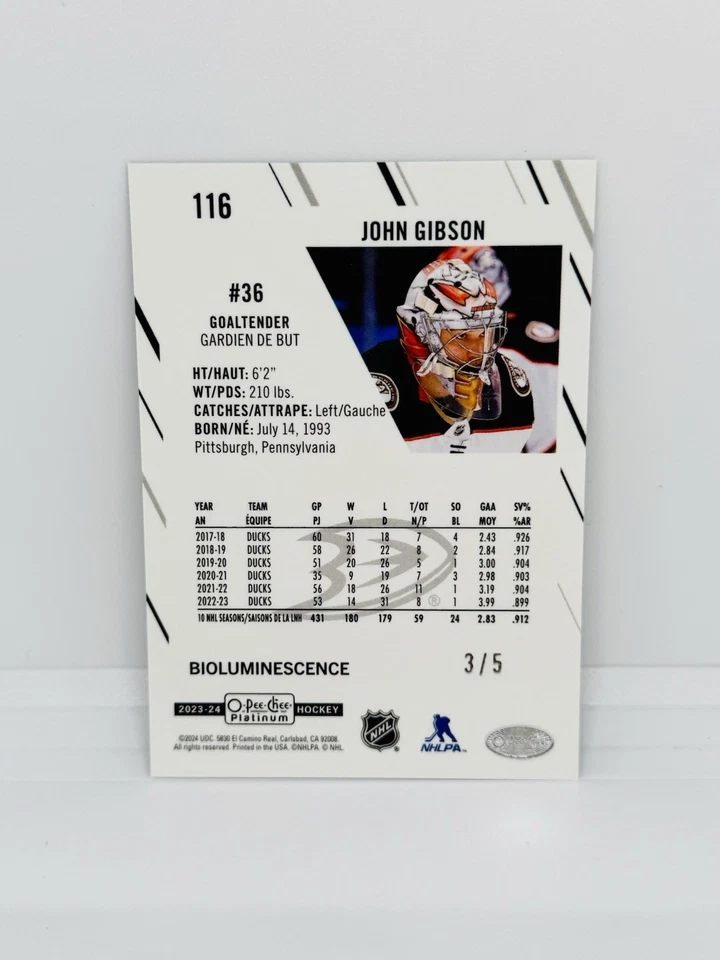2023-24 O-Pee-Chee Platinum JOHN GIBSON Bioluminescence /5 Ducks #116 - Image 2 of 2