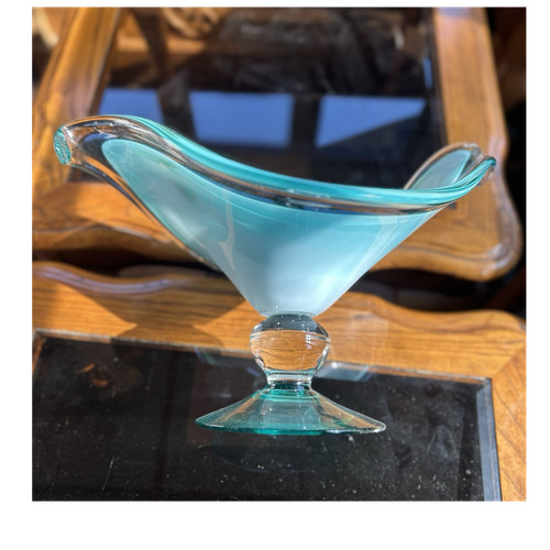 Murano Sommerso Art Glass Pedestal Bowl Blue White Green Swirl 10 in x 8 in