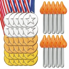 45Pcs 1.5" Plastic Gold Silver Bronze Medals with Star & 10Pcs Inflatable Torch