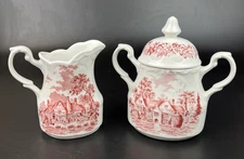 J & G Meakin "ROMANTIC ENGLAND" England ~ Red ~ Creamer & Sugar Bowl w/Lid
