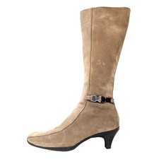 Prada Tan Suede Knee High Boots 37.5 Made in Italy Buckle Strap Heeled Designer