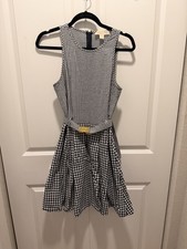 MICHAEL Michael Kors Gingham Fit & Flare Dress Size 6 Navy White Belt Sleeveless