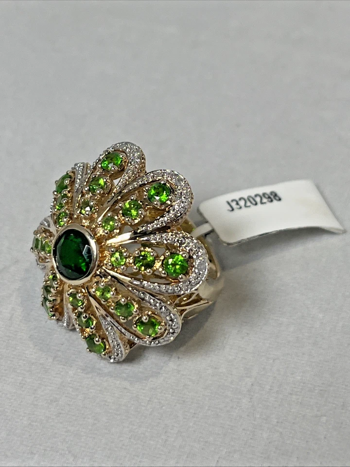 SS/18K Overlay Chrome Diopside and Diamond Large Flower Ring - Size 6 - Image 3 of 4